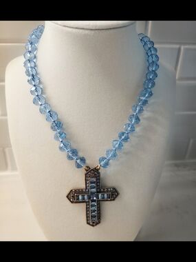 Vintage Heidi Daus Blue Faceted Swarovski Crystal Necklace with Cross Pendant